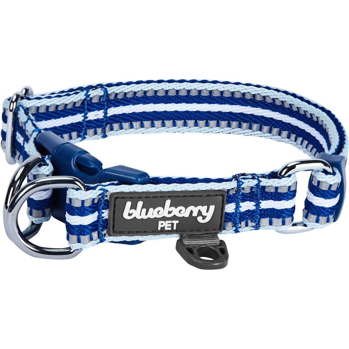 Blueberry Pet 3M Multi-Colored Stripe Polyester Reflective Dog Collar, Blue & White, Small: 12 to 16-in neck, 5/8-in wide
