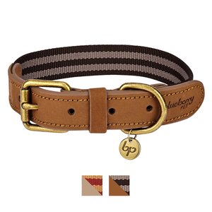 Blueberry Pet Classic Leather Striped Dog Collar, Black Chocolate & Taupe, Medium