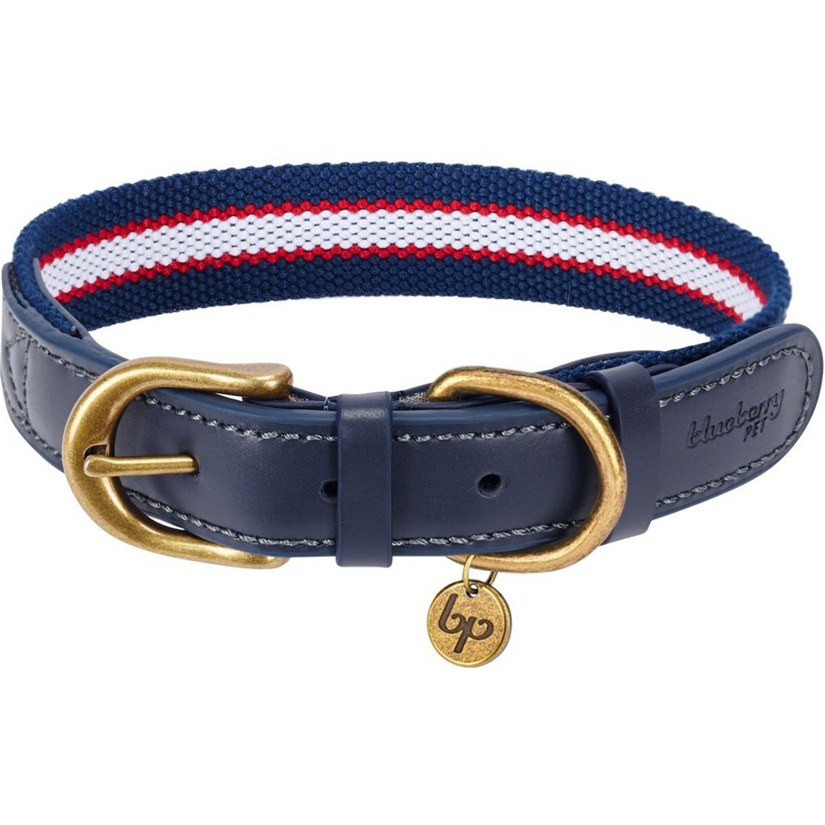 Blueberry Pet Classic Leather Striped Dog Collar, Navy, White & Red, Medium