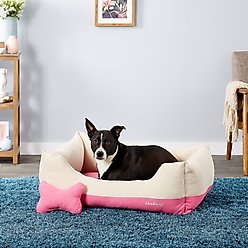 Blueberry Pet Color-Block Canvas Bolster Dog Bed with Removable Cover, Pink/Beige, Medium