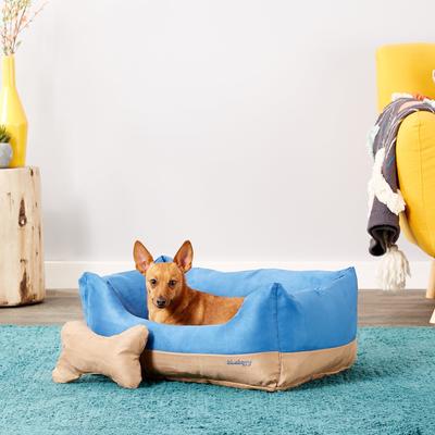 Show full view: Blueberry Pet Color-Block Microsuede Bolster Dog Bed with Removable Cover, Blue/Beige, Small slide 1 of 10