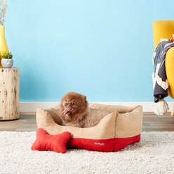 Blueberry Pet Color-Block Microsuede Bolster Dog Bed with Removable Cover, Tango Red/Beige, Small