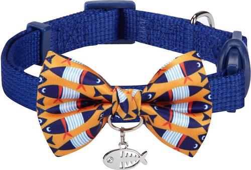 Show full view: Blueberry Pet Fish Print Handmade Breakaway Bow Tie Personalized Cat Collar, Medium: 9 to 13-in neck, 3/8-in wide slide 2 of 10