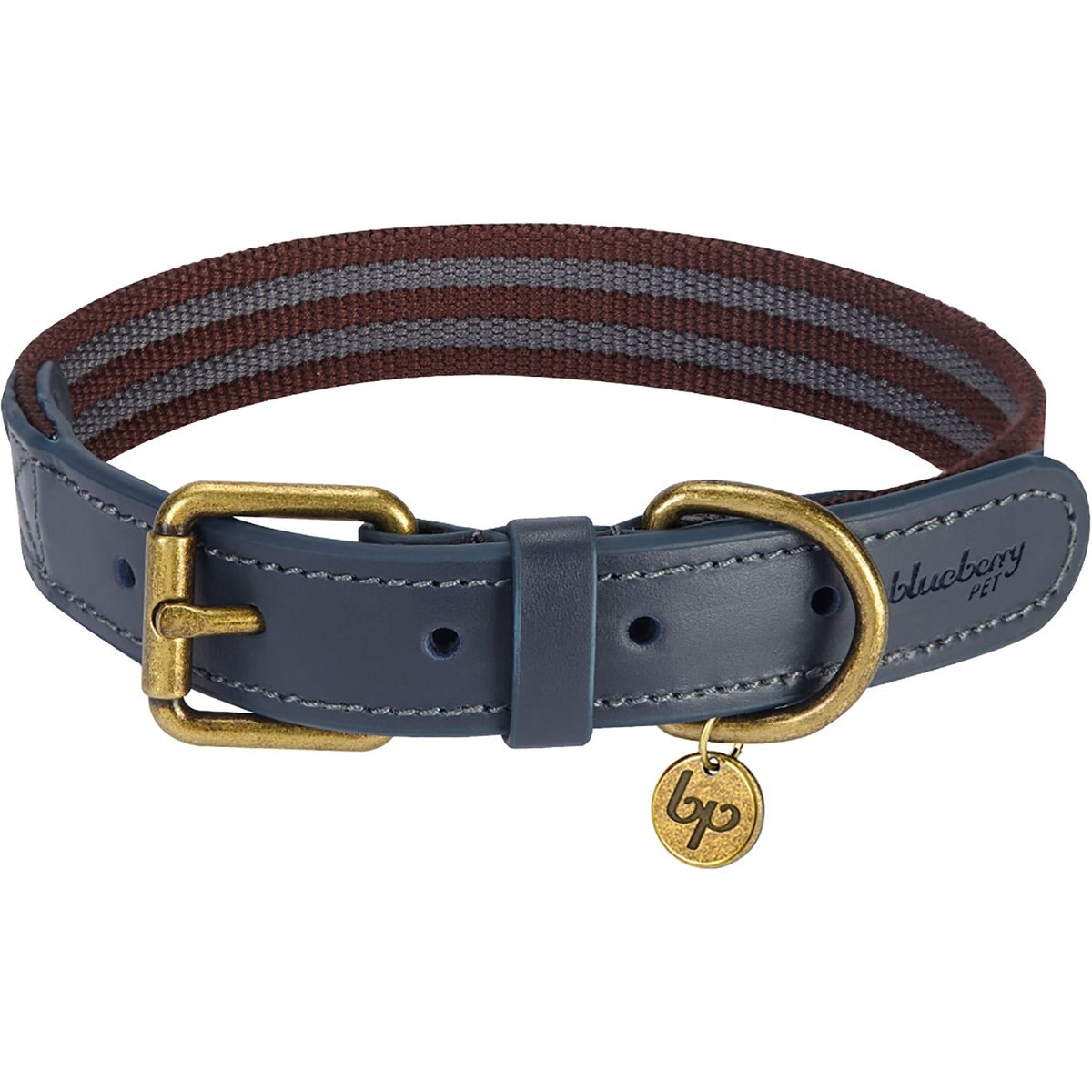 Blueberry Pet Genuine Leather & Polyester Combo Adjustable Dog Collar, Noir Grey/Burgundy, Small: 12 to 15-in neck, 3/4-in wide