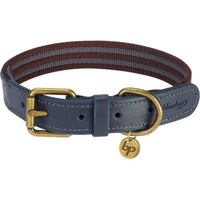 Blueberry Pet Blueberry Pet Genuine Leather & Polyester Combo Adjustable Dog Collar, Noir Grey/Burgundy, Small: 12 to 15-in neck, 3/4-in wide