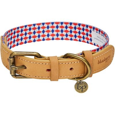 Blueberry Pet Blueberry Pet Geometric Squares Polyester Fabric Webbing & Soft Genuine Leather Dog Collar, Multicolor, Large: 18 to 22-in neck, 1-in wide