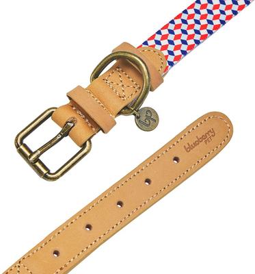 Show full view: Blueberry Pet Geometric Squares Polyester Fabric Webbing & Soft Genuine Leather Dog Collar, Multicolor, Medium: 15 to 18-in neck, 1-in wide slide 4 of 5