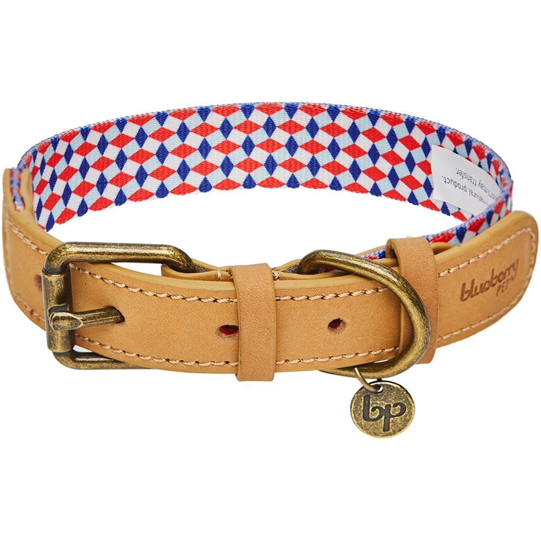 Blueberry Pet Geometric Squares Polyester Fabric Webbing & Soft Genuine Leather Dog Collar, Multicolor, Small: 12 to 15-in neck, 3/4-in wide