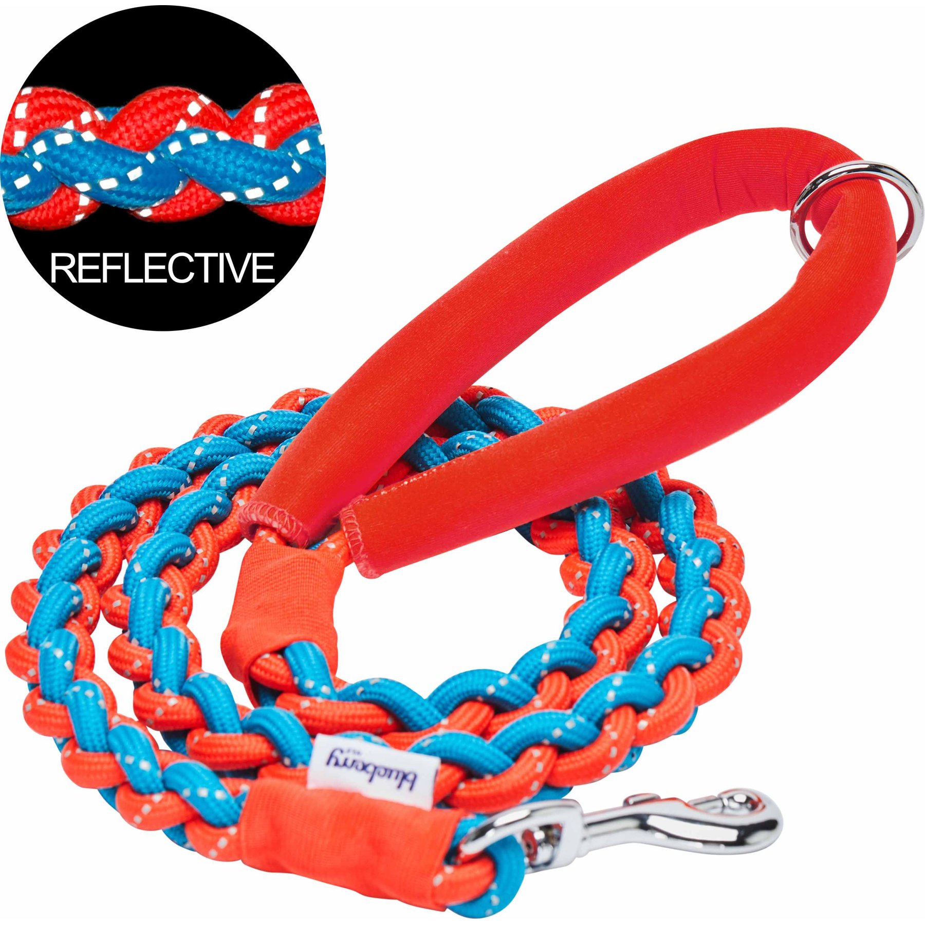 Blueberry Pet Heavy Duty Braided Handmade Rope Polyester Reflective Dog Leash, 4-ft long, 3/4-in wide, Flame Red/ Azure Blue