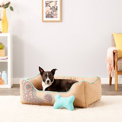 Blueberry Pet Inspired Embroidery Paisley Bolster Dog Bed with Removable Cover, Beige, Medium