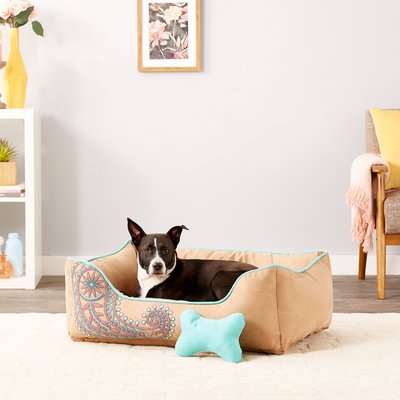 Blueberry Pet Blueberry Pet Inspired Embroidery Paisley Bolster Dog Bed with Removable Cover, Beige, Medium