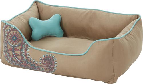 Show full view: Blueberry Pet Inspired Embroidery Paisley Bolster Dog Bed with Removable Cover, Beige, Medium slide 3 of 9