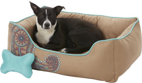 Show full view: Blueberry Pet Inspired Embroidery Paisley Bolster Dog Bed with Removable Cover, Beige, Medium slide 4 of 9