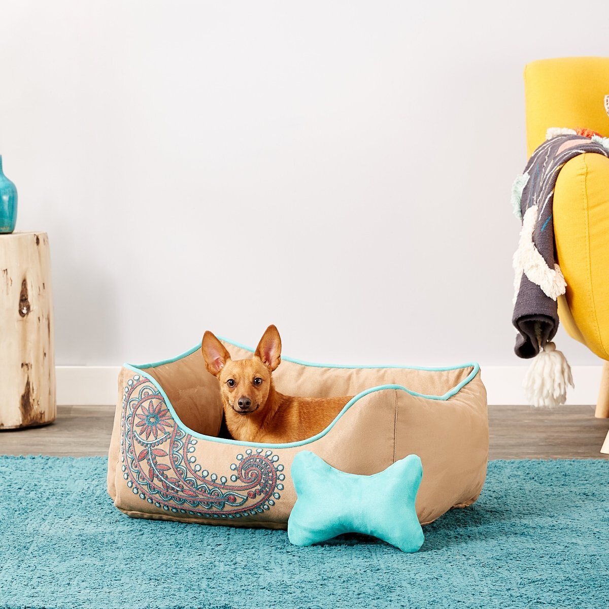 Blueberry Pet Inspired Embroidery Paisley Bolster Dog Bed with Removable Cover, Beige, Small