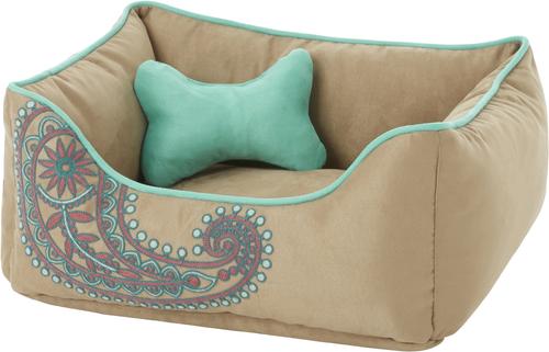 Show full view: Blueberry Pet Inspired Embroidery Paisley Bolster Dog Bed with Removable Cover, Beige, Small slide 3 of 9