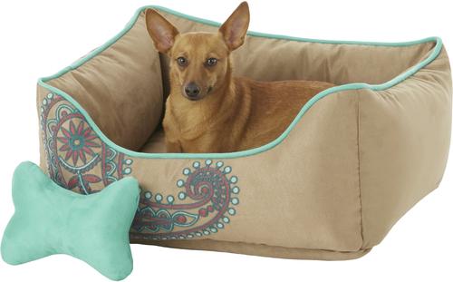 Show full view: Blueberry Pet Inspired Embroidery Paisley Bolster Dog Bed with Removable Cover, Beige, Small slide 4 of 9