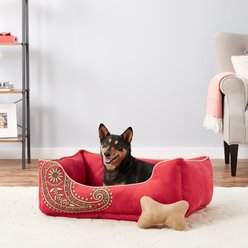 Blueberry Pet Inspired Embroidery Paisley Bolster Dog Bed with Removable Cover, Tango Red, Medium