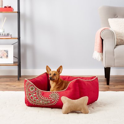 Blueberry Pet Blueberry Pet Inspired Embroidery Paisley Bolster Dog Bed with Removable Cover, Tango Red, Small