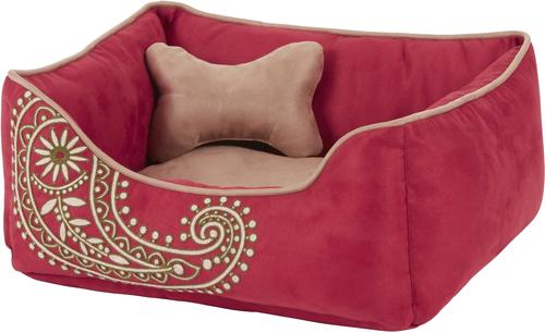 Show full view: Blueberry Pet Inspired Embroidery Paisley Bolster Dog Bed with Removable Cover, Tango Red, Small slide 3 of 9
