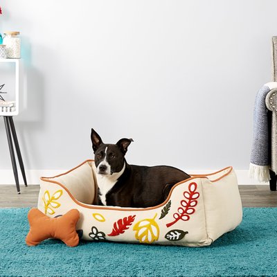 Blueberry Pet Blueberry Pet Leaves Canvas Bolster Dog Bed with Removable Cover, Mahogany/Beige, Large