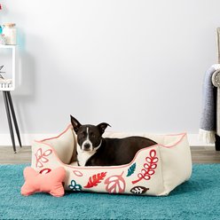 Blueberry Pet Leaves Canvas Bolster Dog Bed with Removable Cover, Pink/Beige, Medium