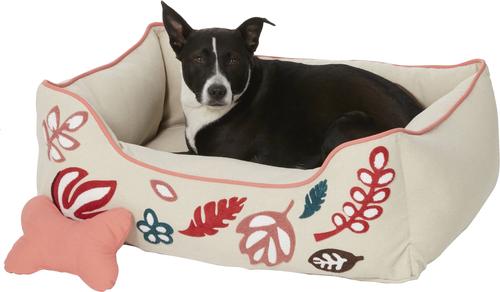 Show full view: Blueberry Pet Leaves Canvas Bolster Dog Bed with Removable Cover, Pink/Beige, Medium slide 4 of 11