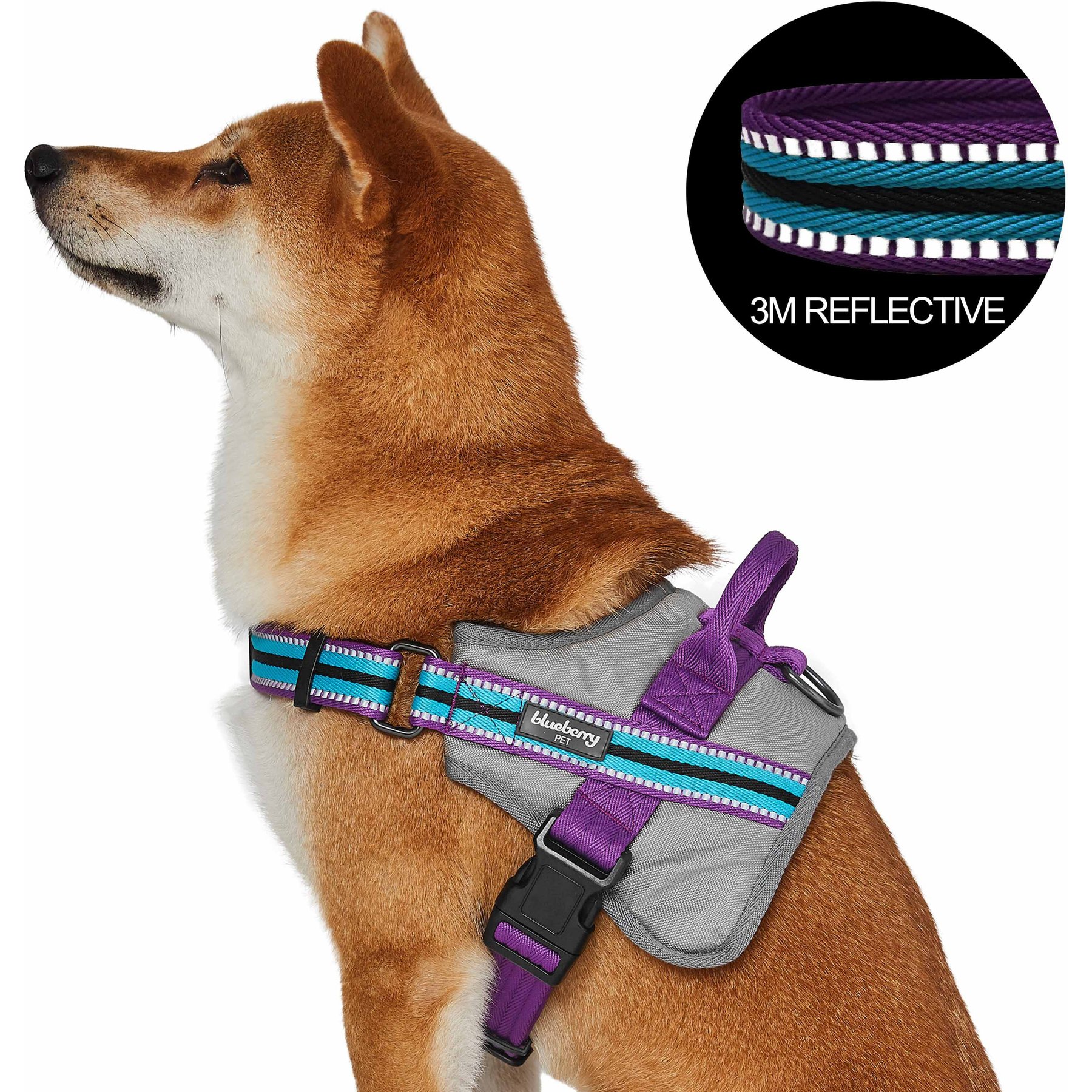 Blueberry Pet Soft & Comfy 3M Reflective Multi-Colored Stripe Mesh Padded Service Dog Harness, Violet/Celeste, Large: 27 to 38.5-in chest