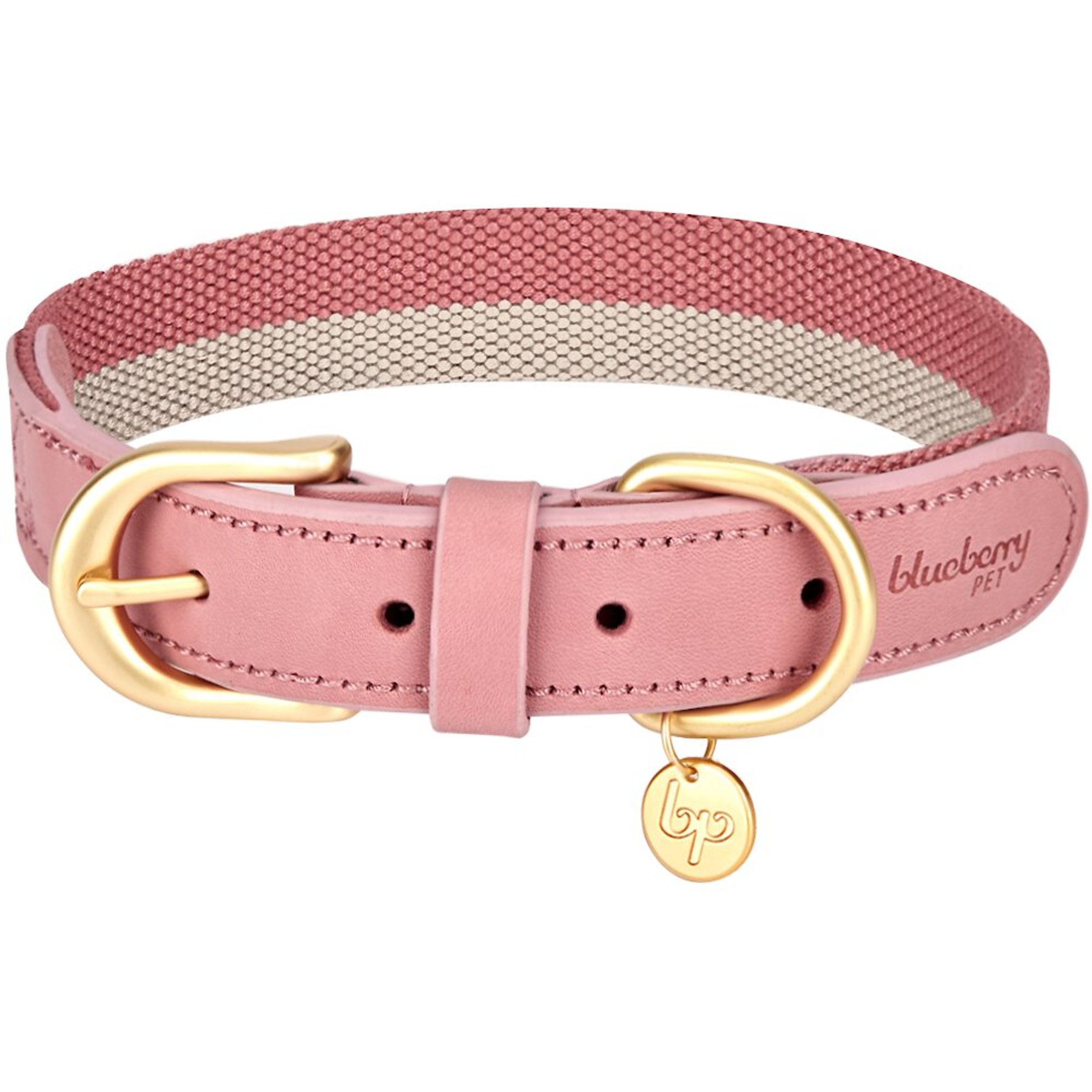 Blueberry Pet Vintage Two Tone Leather Dog Collar, Pink & Grey, Medium
