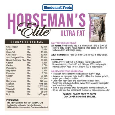 Show full view: Bluebonnet Feeds Horsemans Elite Ultra Fat High Fat Horse Feed, 50-lb bag slide 4 of 6