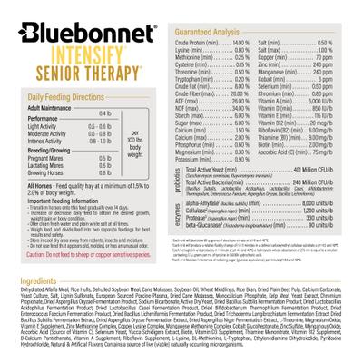 Show full view: Bluebonnet Feeds Intensify Senior Therapy Low Sugar, Low Starch Senior Horse Feed, 50-lb bag slide 4 of 7