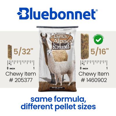 Show full view: Bluebonnet Feeds Supreme Llama Alpaca Large Pellet Feed, 50-lb bag slide 3 of 4