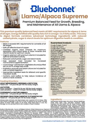 Show full view: Bluebonnet Feeds Supreme Llama Alpaca Large Pellet Feed, 50-lb bag slide 2 of 4