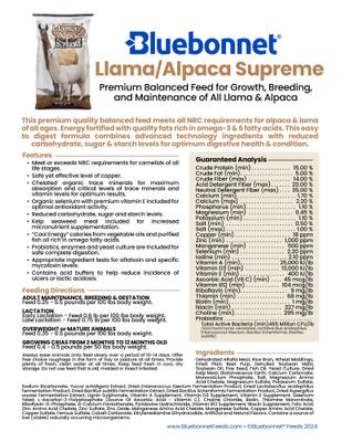 Show full view: Bluebonnet Feeds Supreme Llama Alpaca Small Pellet Feed, 50-lb bag slide 2 of 10