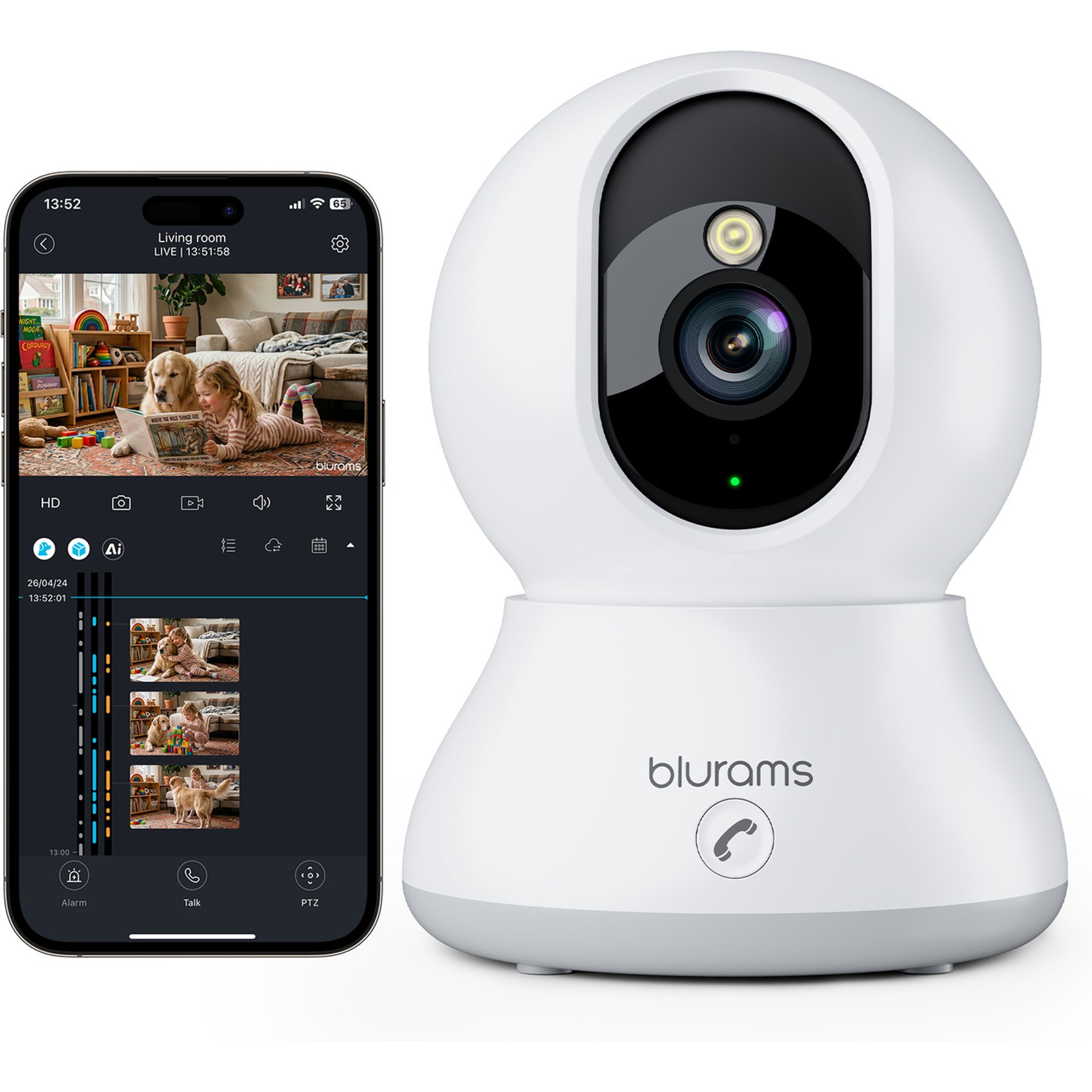 blurams 4MP Home Security, 360 Degree PTZ with Phone App, One-Touch Call, Dual-Band WiFi 6 Compatible with Alexa Pet Camera, White