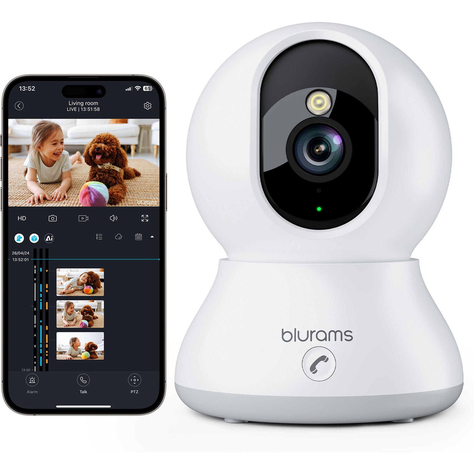 blurams 8MP Indoor, 360 Degree PTZ Baby Monitor, Phone App, One-Touch Call, Dual-Band WiFi 6, Compatible with Alexa Pet Camera, White