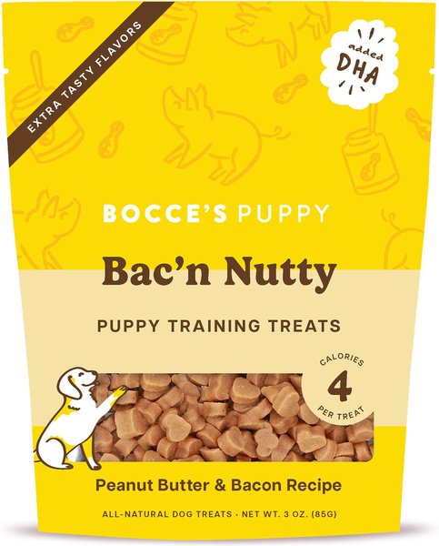 Show full view: Bocce's Bakery Puppy Bac'n Nutty Training Bites Peanut Butter Limited-Ingredient-Diet Soft & Chewy Dog Treats, 3-oz bag slide 1 of 7
