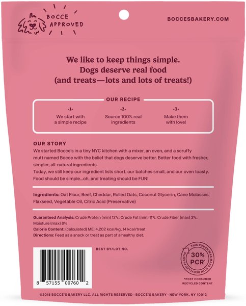 Show full view: Bocce's Bakery Say Moo Beef & Cheddar Recipe Soft & Chewy Dog Treats, 6-oz bag slide 3 of 10