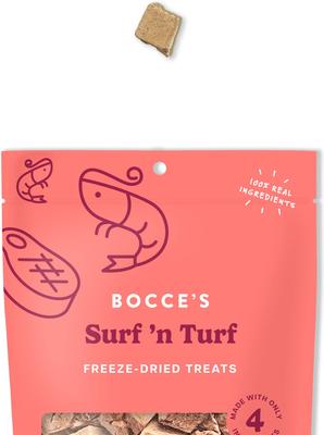 Show full view: Bocce's Bakery Surf & Turf Beef & Salmon High-Protein Freeze-Dried Dog & Cat Treats, 3-oz bag slide 4 of 8