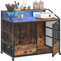 BOINN 3 Doors & 360 Degree Stainless Steel Bowls Chew-Resistant Furniture Dog Crate, Rustic Brown, 44-in