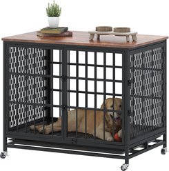 BOINN 3 Doors, 4 Wheels Removable Trays Chew-Resistant Furniture Dog Crate, Rustic Brown, 42 In