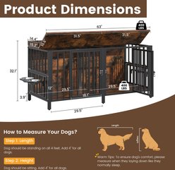 BOINN Flip-up Top Panel & 360 Degree Stainless Steel Bowls Chew-Resistant Furniture Style Dog Crate, Rustic Brown, 63-In slide 2 of 8