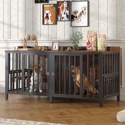 BOINN Flip-up Top Panel & 360 Degree Stainless Steel Bowls Chew-Resistant Furniture Style Dog Crate, Rustic Brown, 63-In