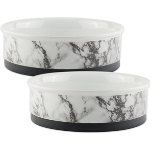 Bone Dry Non-Skid White Marble Ceramic Dog & Cat Bowl Set, 0.75-cup, 2 count