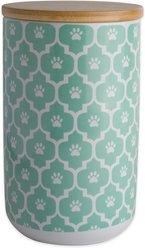 Bone Dry Paw Lattice Print Ceramic Dog & Cat Treat Canister, Aqua