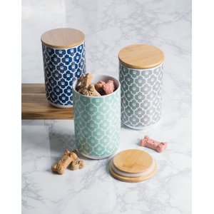 Bone Dry Paw Lattice Print Ceramic Dog & Cat Treat Canister, Aqua