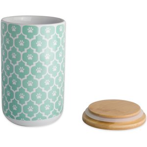 Bone Dry Paw Lattice Print Ceramic Dog & Cat Treat Canister, Aqua