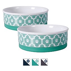 Bone Dry Paw Lattice Print Non-Skid Ceramic Dog & Cat Bowl Set, 1.5-cup, 2 count, Aqua