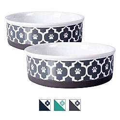 Bone Dry Paw Lattice Print Non-Skid Ceramic Dog & Cat Bowl Set, 1.5-cup, 2 count, Grey