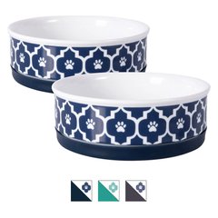 Bone Dry Paw Lattice Print Non-Skid Ceramic Dog & Cat Bowl Set, 1.5-cup, 2 count, Nautical Blue
