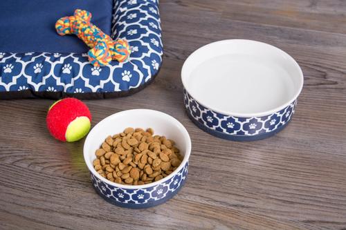 Show full view: Bone Dry Paw Lattice Print Non-Skid Ceramic Dog & Cat Bowl Set, 1.5-cup, 2 count, Nautical Blue slide 7 of 11